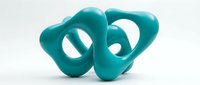 Abstract teal sculptural form with flowing curves and organic holes isolated on white background for modern design projects.