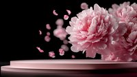 Pink peony flowers with falling petals on round platform against black background for product display and cosmetic presentation.
