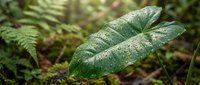 Lush green leaf with water droplets in tropical forest environment, suitable for nature, botanical, and environmental design projects.