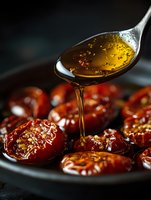 Honey dripping from spoon onto caramelized dates on dark plate, macro food photography with selective focus and warm lighting for culinary presentation.