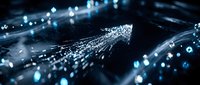 Glowing digital arrow pointing upward through flowing data particles and light streams on dark background, representing growth, progress, and technology advancement.