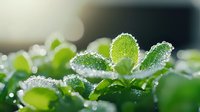Fresh green mint leaves covered in morning dew drops against blurred natural background, macro photography showing detailed water droplets on aromatic herb foliage.