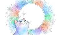 Mystical cat gazing at full moon with colorful watercolor background and celestial elements for spiritual designs.