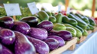 Fresh purple striped eggplants and green cucumbers displayed at farmers market stand with price tags. Organic local vegetables for healthy cooking and nutrition.