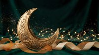 Golden crescent moon with ornate patterns on dark green background with sparkling lights and flowing ribbon for festive celebrations and decorations.