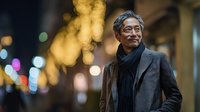 Senior Asian businessman in elegant coat walking through illuminated city street at night with warm bokeh lights creating atmospheric urban backdrop.