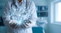 Healthcare professional displaying holographic brain with digital network connections and medical icons in modern clinical environment.