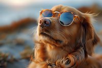 Stylish golden retriever wearing trendy sunglasses outdoors in warm sunset light, perfect for pet lifestyle, fashion, and summer vacation concepts. Close-up portrait shows playful and relaxed mood.
