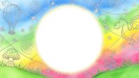 Colorful rainbow landscape with white circle frame for text, featuring whimsical doodle elements and nature motifs on textured watercolor background.