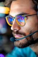 Caucasian male professional wearing glasses and headset in colorful neon lighting environment, focused side profile view showing modern workplace technology setup.