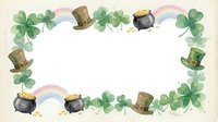 St Patrick's Day frame with shamrocks, leprechaun hats, gold coins, rainbows and pots of gold on white background for festive holiday designs and decorations.