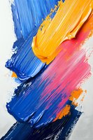 Abstract acrylic paint strokes in vibrant blue, orange and pink colors creating dynamic artistic composition on white canvas background.