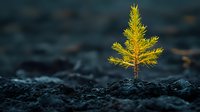 Small golden spruce seedling growing from dark volcanic soil against blurred natural background symbolizing new life, growth and environmental resilience.