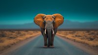 Majestic elephant walking on empty desert road with ears spread wide against turquoise sky backdrop creating powerful wildlife scene for nature photography.