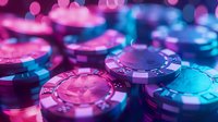 Colorful casino poker chips in pink and blue neon lighting creating atmospheric gambling composition with selective focus and bokeh effect for gaming background.