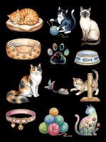Cat supplies and accessories collection isolated on transparent background, including beds, bowls, toys, and grooming items. Ready for t-shirt designs, clipart, stickers, print-on-demand products, and sublimation projects.