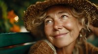 Cheerful senior Caucasian woman with straw hat smiling warmly in cozy indoor setting. Elderly female portrait expressing joy and contentment in golden lighting.
