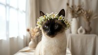Siamese cat wearing floral crown with white baby's breath flowers, sitting indoors by window with neutral beige decor background.