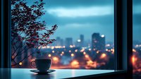Cup of coffee on windowsill with blurred city skyline at dusk, creating atmospheric urban evening ambiance.