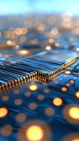 Macro view of electronic circuit board with processor and glowing elements against blue background with bokeh lights. For technology and innovation concepts.