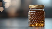 Glass honey jar with textured honeycomb pattern surface catching warm light, on blurred bokeh background, showcasing artisanal food packaging design.