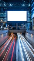 Blank billboard over a busy urban highway at night with vivid light trails from fast-moving traffic and glowing city architecture.
