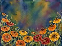 Vibrant wildflower meadow with orange and yellow blooms against colorful watercolor sky background for nature designs and botanical artwork.