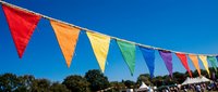 Colorful rainbow bunting flags hanging against bright blue sky at outdoor festival celebration event with trees and tents in background for party decoration.