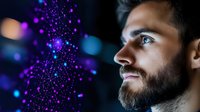 Young Caucasian man with beard in profile view looking at glowing purple and blue digital particles, representing technology innovation and data visualization.