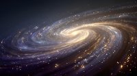 Spiral galaxy with swirling golden and purple cosmic dust clouds against deep space background, showcasing celestial formation.