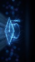 Digital holographic human heart with glowing blue particles and light trails on dark background for medical technology presentations.