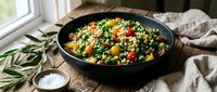 Fresh quinoa tabbouleh salad with herbs, tomatoes and vegetables in black bowl on rustic wooden table. Healthy Mediterranean diet meal for lunch or dinner.