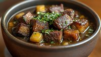 Tender beef chunks slowly cooked with potatoes and fresh herbs in rich brown gravy, served in rustic ceramic bowl, close up view of homemade stew.
