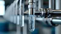 Transparent test tube with bubbling liquid attached to metal laboratory equipment. Close-up view of scientific research experiment in modern lab setting.