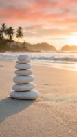 Zen stone stack on tropical beach at sunset with palm trees and ocean waves creating peaceful meditation atmosphere for wellness and mindfulness concepts.