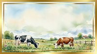 Cattle grazing in pastoral meadow with wildflowers, farmland landscape, and countryside scenery for agricultural, rural, and farm-themed design projects.