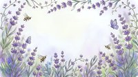 Watercolor lavender frame with bees and butterflies on soft purple background. Floral border with aromatic herbs creates peaceful garden scene for relaxation themes.