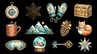 Vintage winter holiday collection with compass, snowflake, mittens, treasure chest, mug, mountains, pinecone, fox, ski goggles, snow globe, ornate key, and star. Isolated on transparent background, ready for t-shirts, stickers, clipart, and print-on-demand designs.