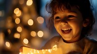 Happy toddler girl with curly hair smiling while holding warm glowing string lights during cozy evening celebration with bokeh background.