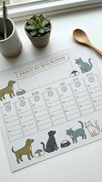 Weekly pet meal planner with cat and dog illustrations on white desk with succulent plant, wooden spoon, and gray pot. Organize pet feeding schedules.