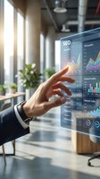 Business professional analyzing SEO analytics dashboard with interactive holographic interface showing website traffic data and keyword performance metrics in modern office.