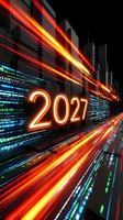 Futuristic 2027 neon sign with dynamic light trails and digital data streams representing technology advancement and future innovation concepts.