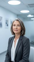 Confident mature businesswoman with gray hair in professional suit standing in modern office environment with contemporary lighting fixtures.