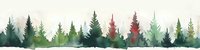 Watercolor pine forest landscape with misty fog effect, seamless horizontal pattern showing evergreen trees in various shades of green against light background.