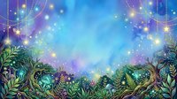 Enchanted forest landscape with lush green foliage, glowing magical lights, and dreamy starry sky in purple and blue tones. Perfect for fantasy and nature-themed designs.
