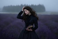 Young woman in black vintage dress standing in purple lavender field during moody twilight with dramatic sky and forest background.