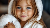 Young Caucasian girl with bright blue eyes and gentle smile wearing white fluffy hoodie, looking directly at camera. Natural childhood portrait with soft lighting.