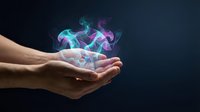 Hands holding glowing neon energy waves and light particles against dark background, representing magic, power, innovation, technology, and spiritual healing for design projects.
