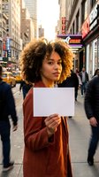 Young African American woman with curly hair holding blank white sign on busy urban street, copy space for text, city life concept.