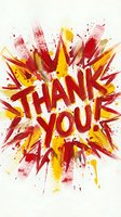 Vibrant watercolor explosion with red, yellow, and pink brushstrokes forming thank you text. Gratitude greeting card design.